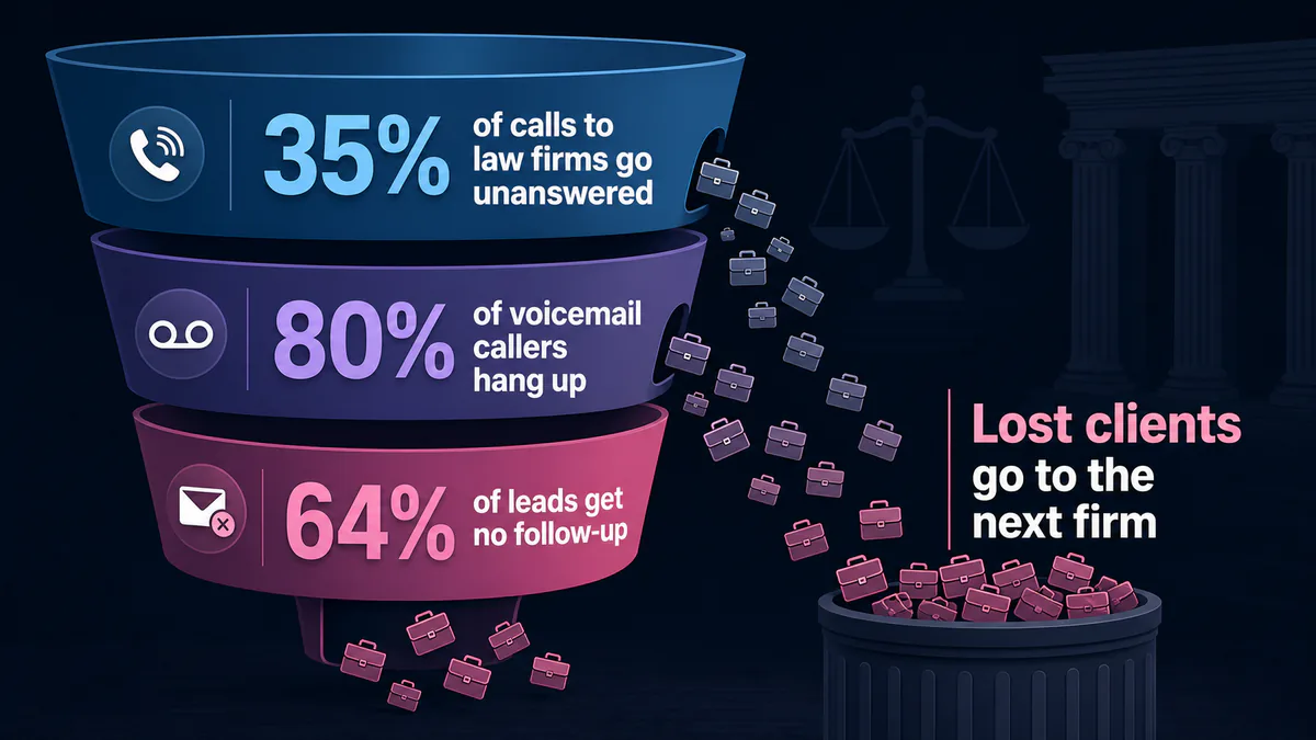Funnel diagram showing how law firms lose prospective clients - 35 percent of calls unanswered, 80 percent of voicemail callers hang up, 64 percent of leads get no follow-up