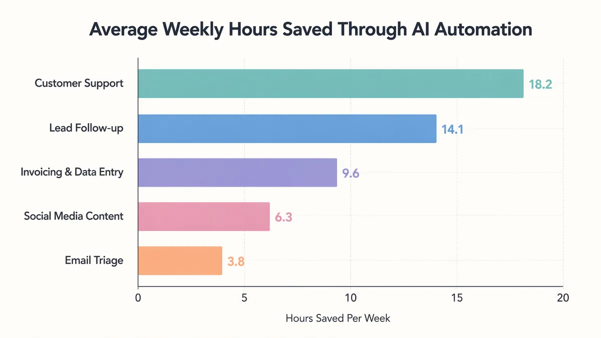 Bar chart comparing weekly hours saved by AI automation across customer support, lead follow-up, invoicing, social media, and email tasks in a typical small business