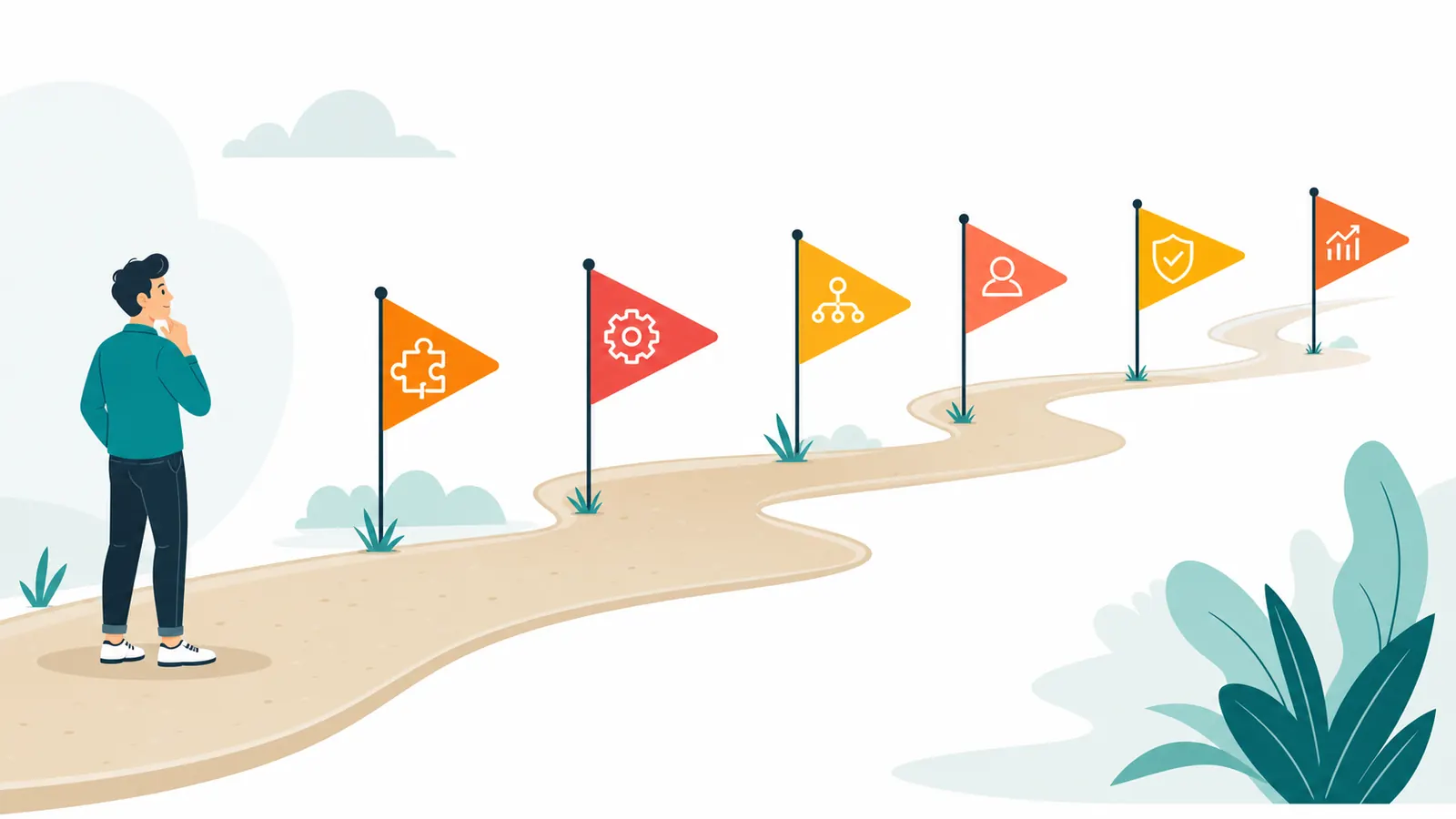 Road with six warning flags representing common AI automation mistakes small businesses should avoid