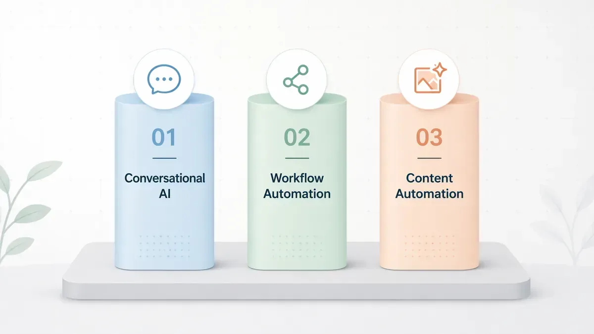 Three pillars of AI automation for small business showing conversational AI, workflow automation, and content automation as connected building blocks