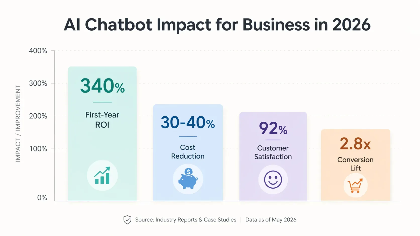 Bar chart comparing key AI chatbot ROI metrics including 340% first-year ROI, 30-40% support cost reduction, 92% customer satisfaction, and 2.8x conversion lift