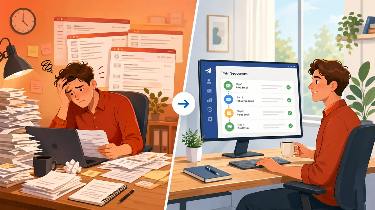 Before and after comparison of manual email writing vs AI email writer automation for small business