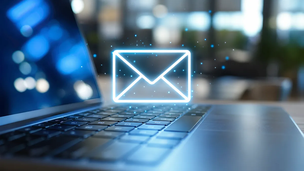 Free AI email generator on laptop keyboard with glowing email icon - AI email tool for business