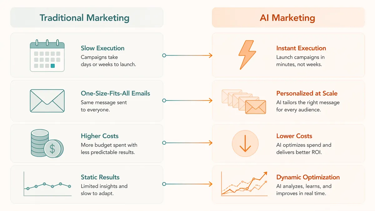 Four-quadrant comparison showing traditional marketing vs AI marketing across speed, personalization, cost, and optimization