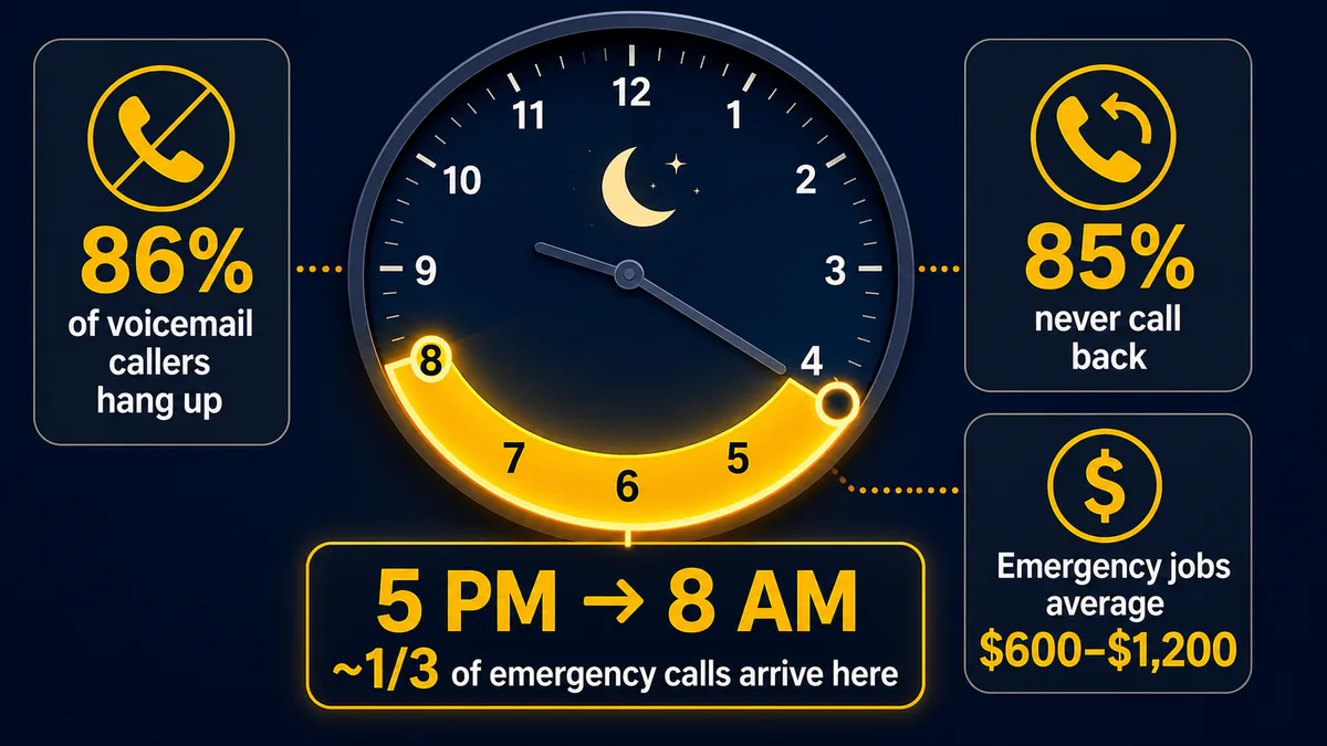 Infographic showing that around one third of emergency HVAC and plumbing calls arrive after hours and most voicemail callers never call back