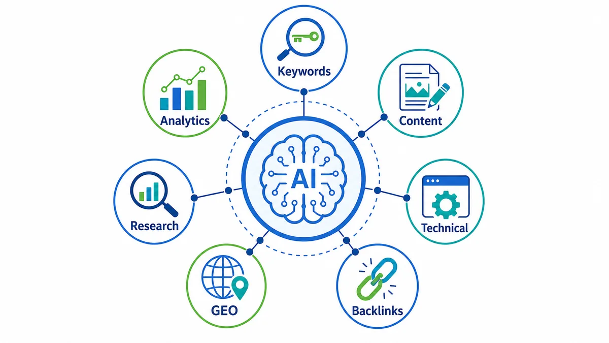 Seven AI tools for SEO tasks infographic - best AI SEO tools 2025 workflow