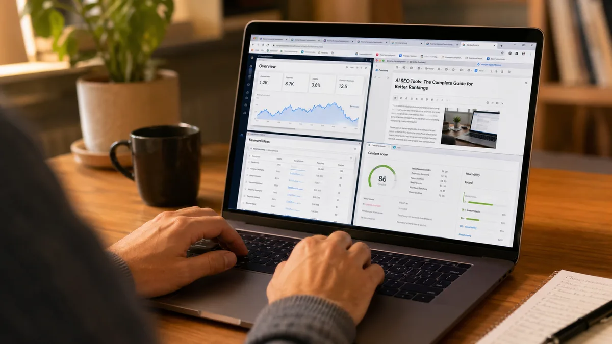 Small business owner using AI SEO tools and keyword research dashboards for generative engine optimization