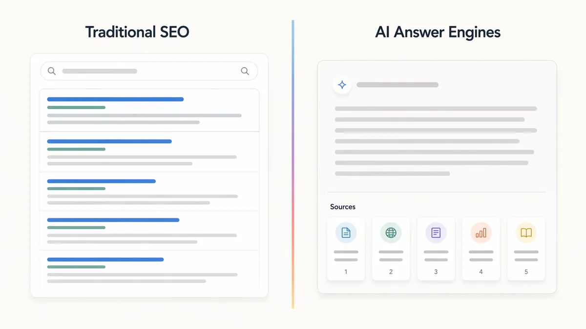 Diagram comparing traditional SEO blue links search results on the left with an AI Overview answer citing multiple sources on the right