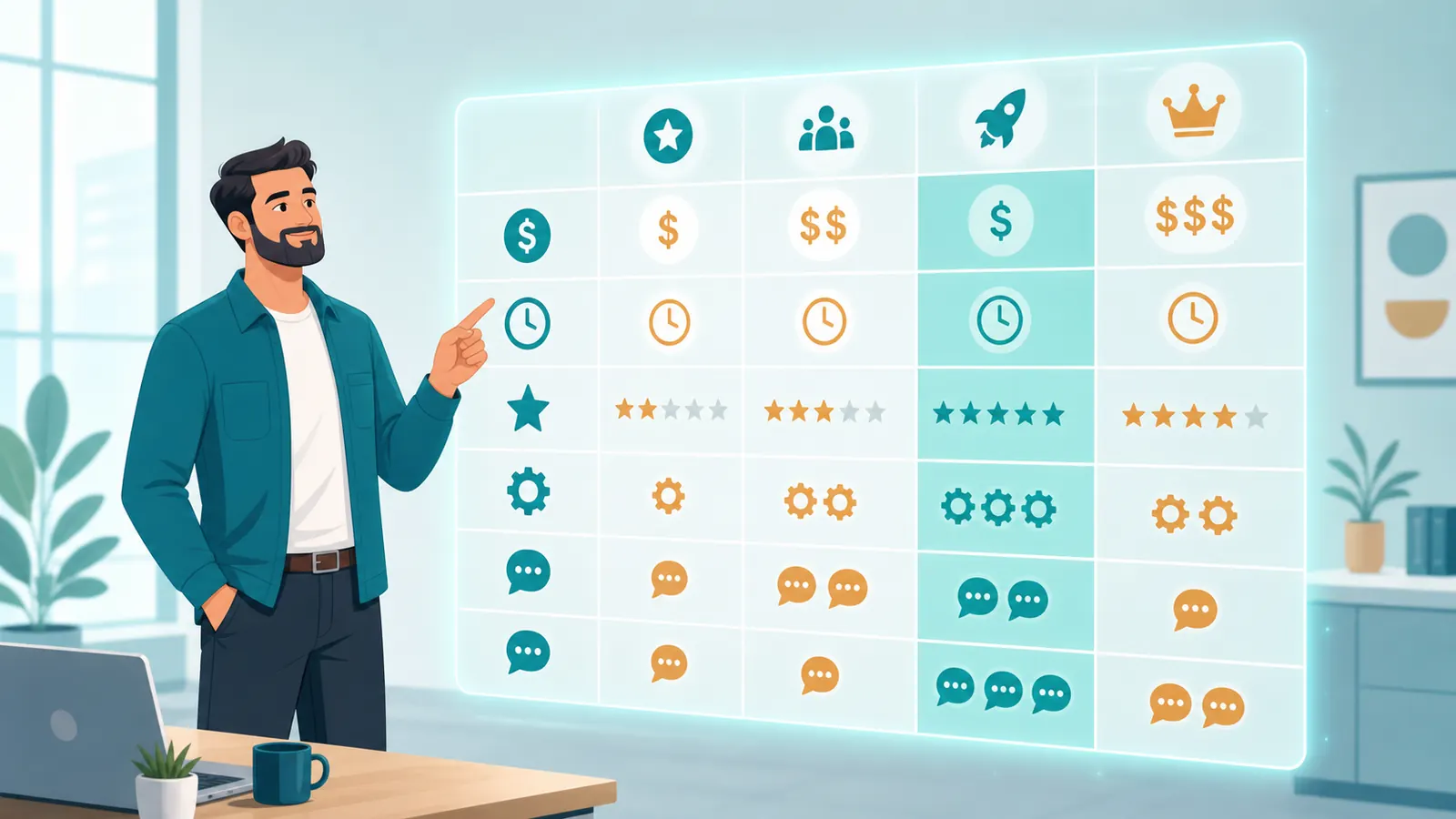 Small business owner comparing AI automation software options on a floating matrix dashboard