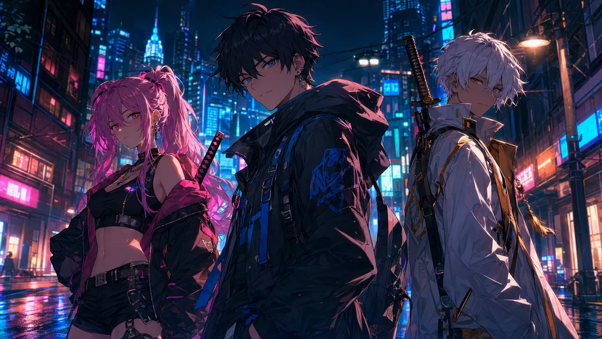 AI anime art generator free neon city scene with three original anime characters