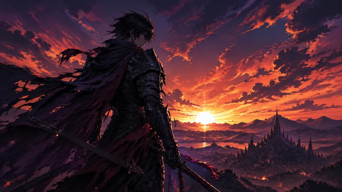 Anime art generator AI warrior at sunset from best anime AI generator tools