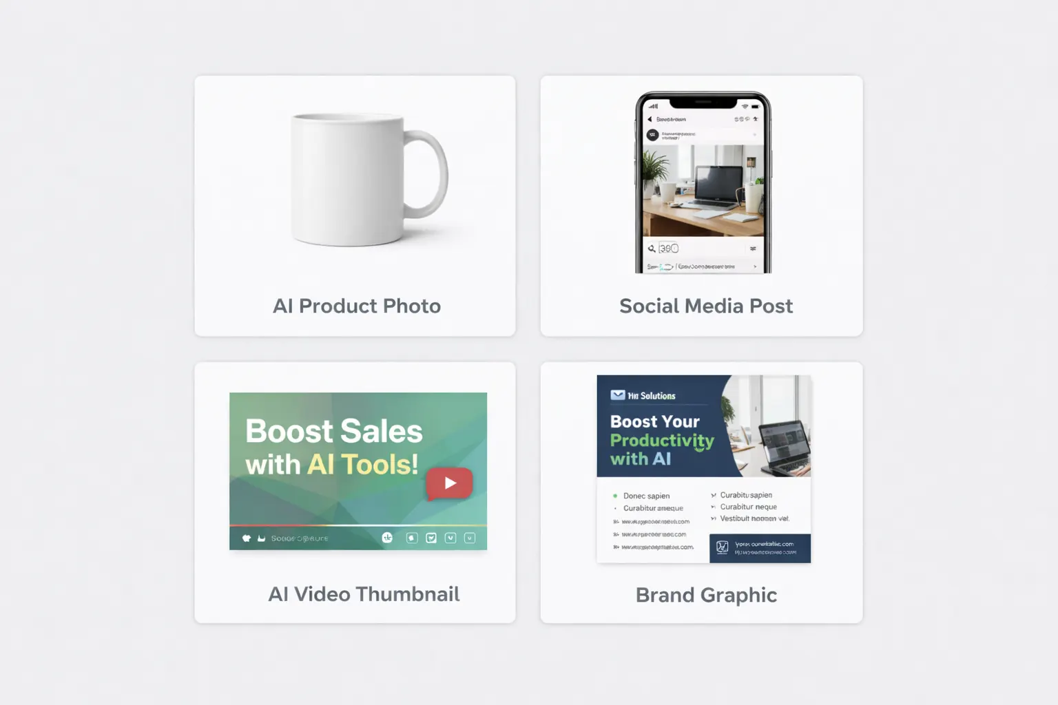 Examples of AI-generated marketing content including product photos, social media graphics, and video thumbnails for small businesses
